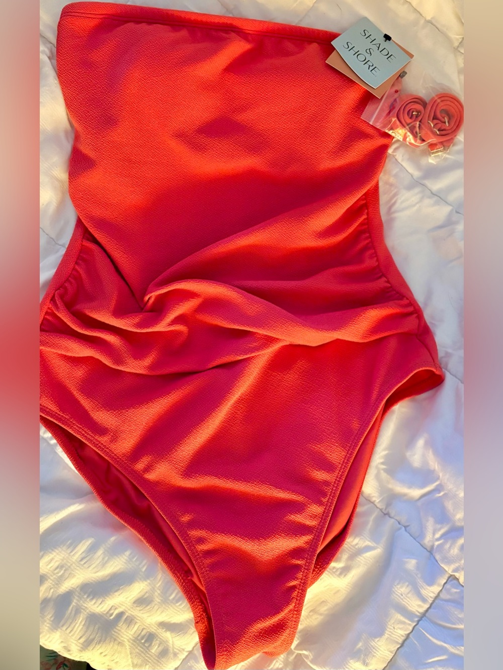 Shade & Shore Neon Coral Strapless Crepe One-Piece